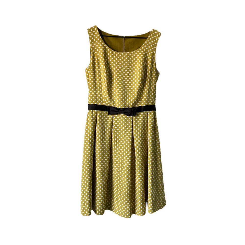 Vintage Mustard Yellow Polka Dot Fit & Flare Dress Retro Sleeveless Bow Size 8
